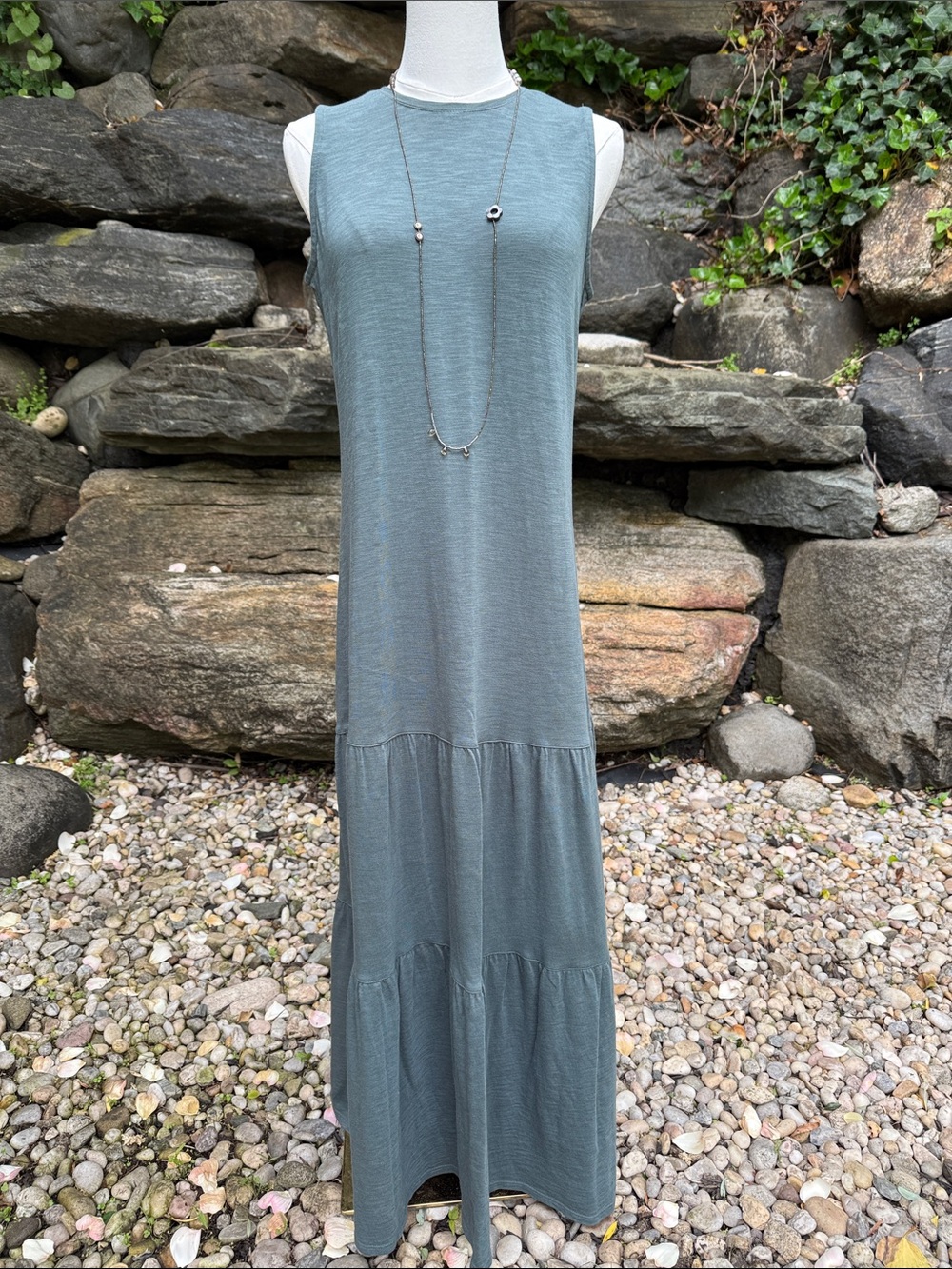 J.JILL OLIVE GREEN SLEEVELESS RUFFLE MAXI DRESS - S 👗☀️